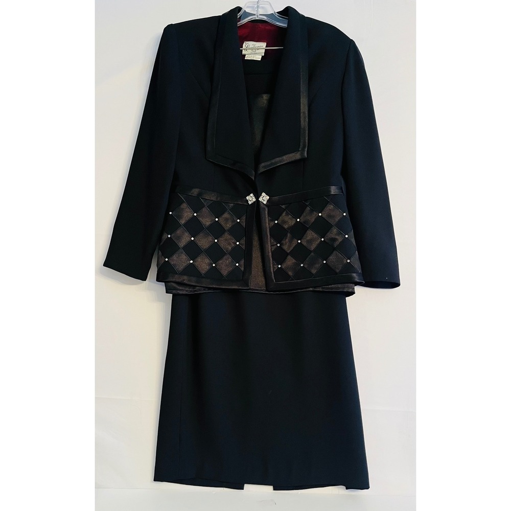 Vintage 90s Gothic Pearl Quilted Skirt Suit Set Red Lining